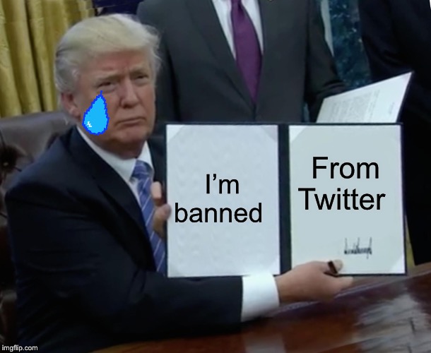Trump Bill Signing | I’m banned; From Twitter | image tagged in memes,trump bill signing | made w/ Imgflip meme maker