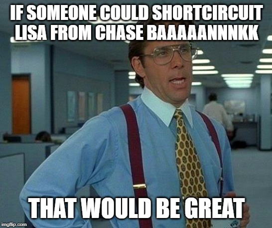 That Would Be Great Meme | IF SOMEONE COULD SHORTCIRCUIT
LISA FROM CHASE BAAAAANNNKK; THAT WOULD BE GREAT | image tagged in memes,that would be great | made w/ Imgflip meme maker