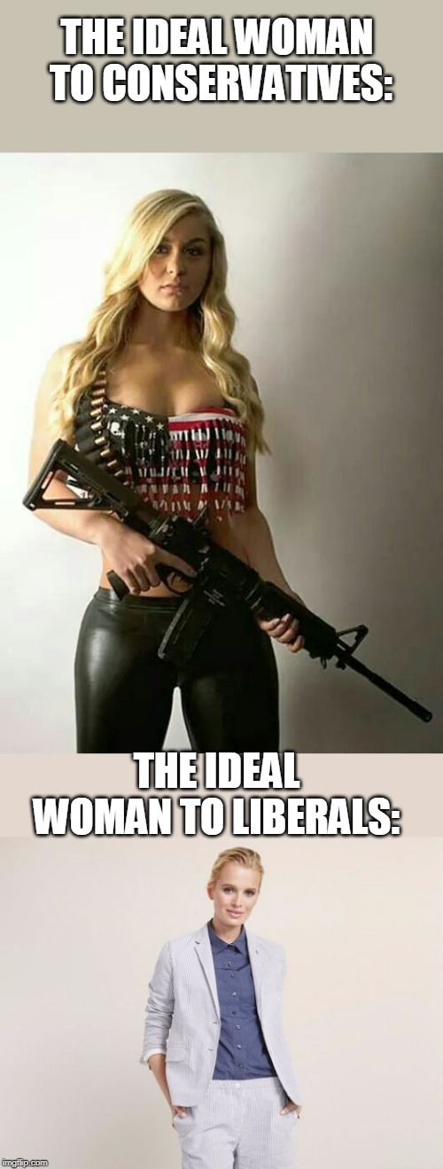 LIBERALS DONT LIKE BOOBS AND HAIR | THE IDEAL WOMAN  TO CONSERVATIVES:; THE IDEAL WOMAN TO LIBERALS: | image tagged in women,conservatives,liberals | made w/ Imgflip meme maker