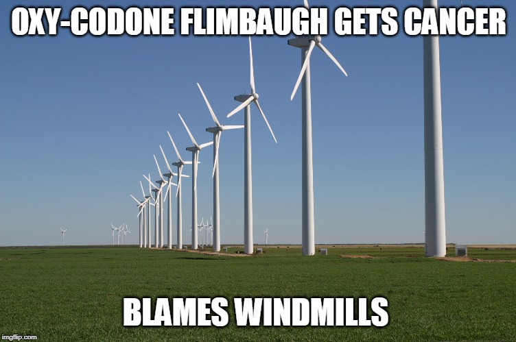 windmill | OXY-CODONE FLIMBAUGH GETS CANCER; BLAMES WINDMILLS | image tagged in windmill | made w/ Imgflip meme maker