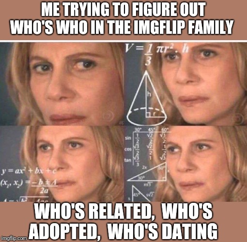 Math lady/Confused lady | ME TRYING TO FIGURE OUT WHO'S WHO IN THE IMGFLIP FAMILY WHO'S RELATED,  WHO'S ADOPTED,  WHO'S DATING | image tagged in math lady/confused lady | made w/ Imgflip meme maker