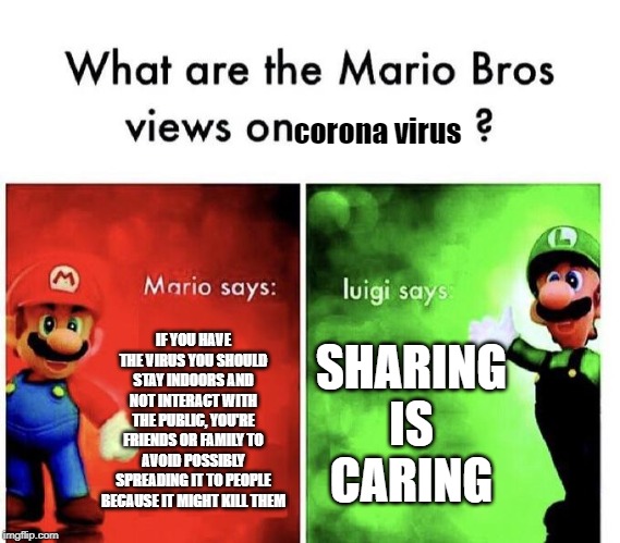 Mario Bros Views | corona virus; IF YOU HAVE THE VIRUS YOU SHOULD STAY INDOORS AND NOT INTERACT WITH THE PUBLIC, YOU'RE FRIENDS OR FAMILY TO AVOID POSSIBLY SPREADING IT TO PEOPLE BECAUSE IT MIGHT KILL THEM; SHARING IS CARING | image tagged in mario bros views | made w/ Imgflip meme maker