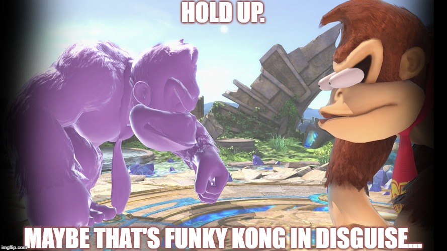 Maybe | HOLD UP. MAYBE THAT'S FUNKY KONG IN DISGUISE... | image tagged in donkey kong sees himself and freaks out,super smash bros,donkey kong | made w/ Imgflip meme maker