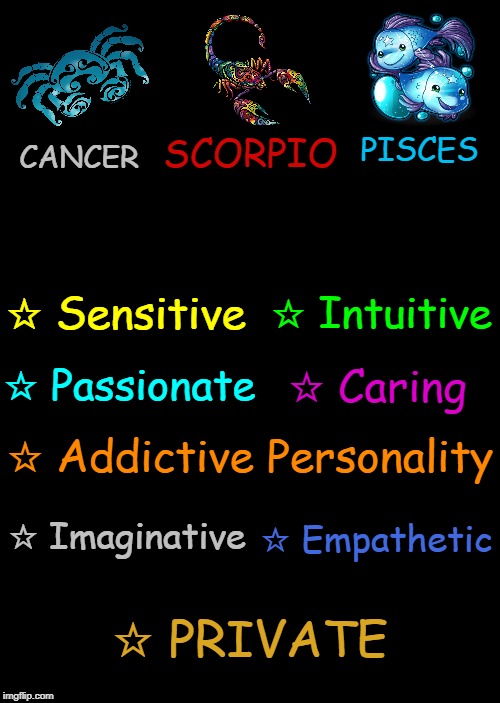 The 3 Water Signs ♋♏♓ | PISCES; SCORPIO; CANCER; ☆ Intuitive; ☆ Sensitive; ☆ Passionate; ☆ Caring; ☆ Addictive Personality; ☆ Imaginative; ☆ Empathetic; ☆ PRIVATE | image tagged in bigass black blank template,memes,zodiac | made w/ Imgflip meme maker