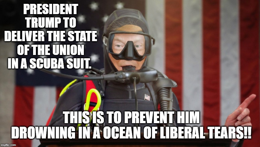 President Trump to deliver The State of The Union in a Scuba Suit. | PRESIDENT TRUMP TO DELIVER THE STATE OF THE UNION IN A SCUBA SUIT. THIS IS TO PREVENT HIM DROWNING IN A OCEAN OF LIBERAL TEARS!! | image tagged in trump,impeachment | made w/ Imgflip meme maker