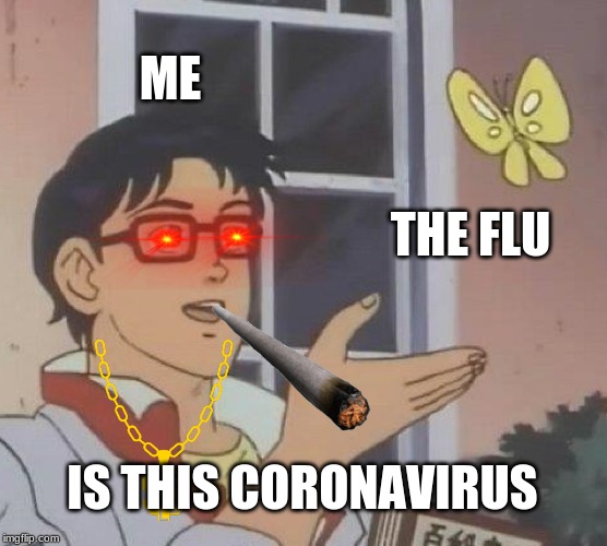 Is This A Pigeon Meme | ME; THE FLU; IS THIS CORONAVIRUS | image tagged in memes,is this a pigeon | made w/ Imgflip meme maker