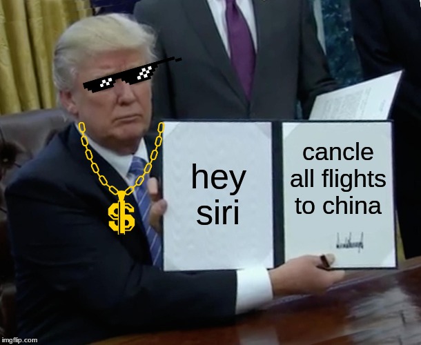 Trump Bill Signing | hey siri; cancle all flights to china | image tagged in memes,trump bill signing | made w/ Imgflip meme maker