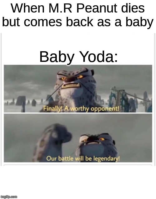 Finally! A worthy opponent! | When M.R Peanut dies but comes back as a baby; Baby Yoda: | image tagged in finally a worthy opponent | made w/ Imgflip meme maker
