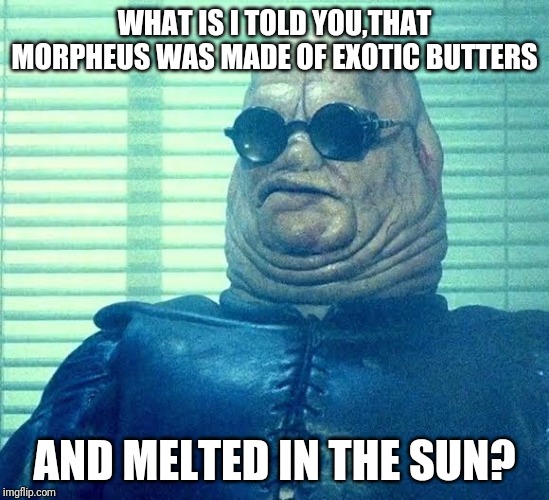 butterball | WHAT IS I TOLD YOU,THAT MORPHEUS WAS MADE OF EXOTIC BUTTERS; AND MELTED IN THE SUN? | image tagged in butterball | made w/ Imgflip meme maker