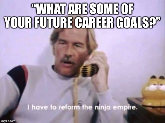 “WHAT ARE SOME OF YOUR FUTURE CAREER GOALS?” | image tagged in ninja,job interview | made w/ Imgflip meme maker