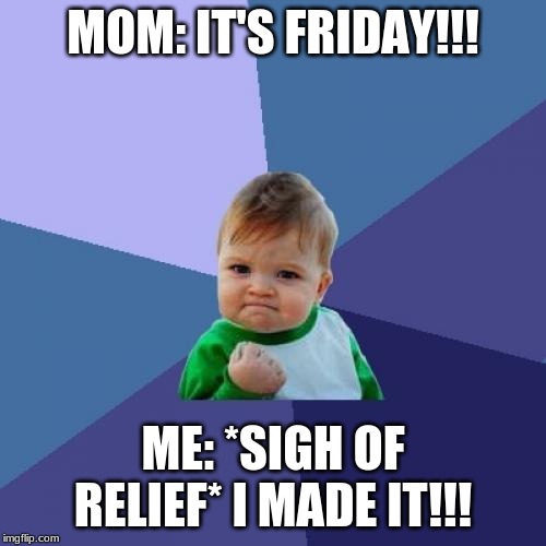 Success Kid Meme | MOM: IT'S FRIDAY!!! ME: *SIGH OF RELIEF* I MADE IT!!! | image tagged in memes,success kid | made w/ Imgflip meme maker
