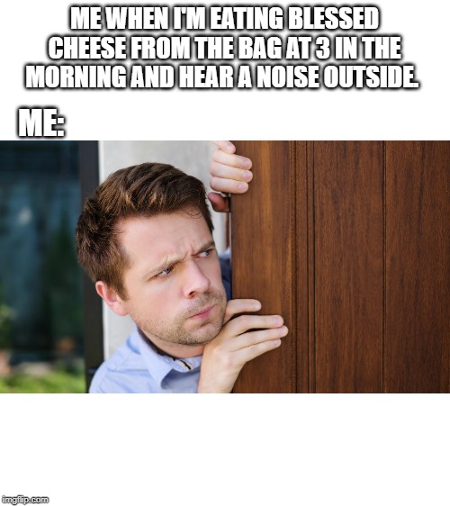 Blank White Template | ME WHEN I'M EATING BLESSED CHEESE FROM THE BAG AT 3 IN THE MORNING AND HEAR A NOISE OUTSIDE. ME: | image tagged in blank white template | made w/ Imgflip meme maker
