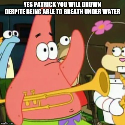 No Patrick Meme | YES PATRICK YOU WILL DROWN DESPITE BEING ABLE TO BREATH UNDER WATER | image tagged in memes,no patrick | made w/ Imgflip meme maker
