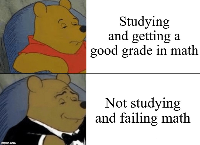 Tuxedo Winnie The Pooh | Studying and getting a good grade in math; Not studying and failing math | image tagged in memes,tuxedo winnie the pooh | made w/ Imgflip meme maker