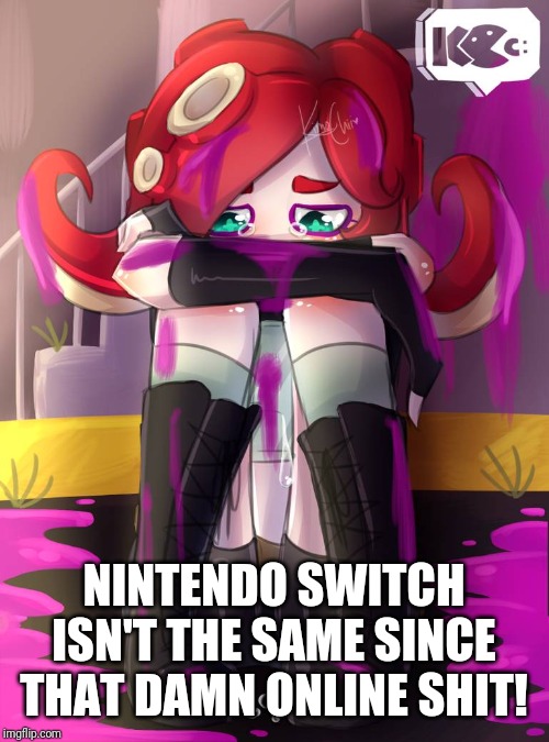 Crying Octoling | NINTENDO SWITCH ISN'T THE SAME SINCE THAT DAMN ONLINE SHIT! | image tagged in crying octoling | made w/ Imgflip meme maker