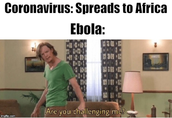 A New Challenger Aprroaches | Coronavirus: Spreads to Africa; Ebola: | image tagged in are you challenging me | made w/ Imgflip meme maker