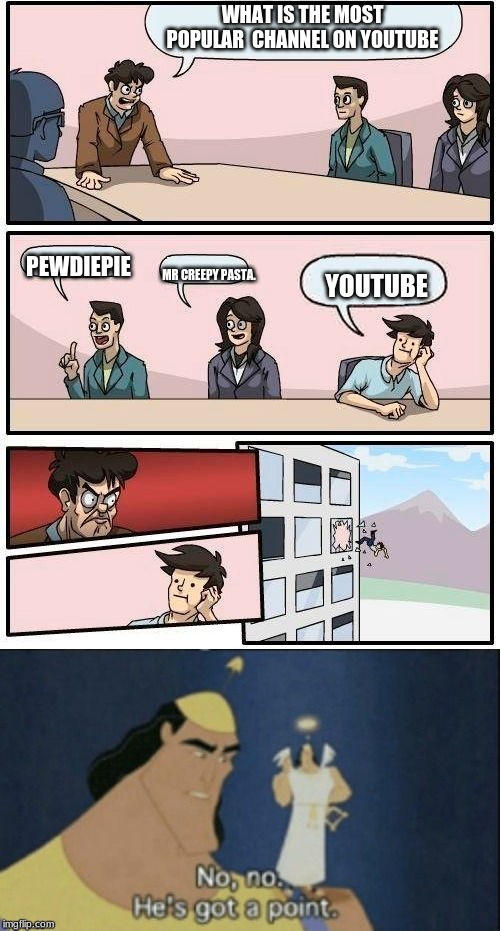 WHAT IS THE MOST POPULAR  CHANNEL ON YOUTUBE; PEWDIEPIE; MR CREEPY PASTA. YOUTUBE | image tagged in memes,boardroom meeting suggestion,no no hes got a point,smart,smartass,smart guy | made w/ Imgflip meme maker