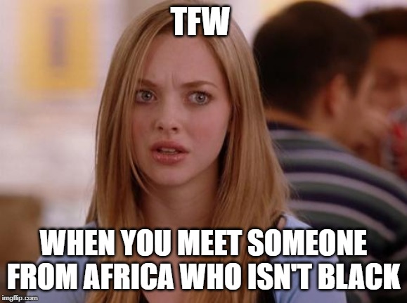 OMG Karen Meme | TFW; WHEN YOU MEET SOMEONE FROM AFRICA WHO ISN'T BLACK | image tagged in memes,omg karen | made w/ Imgflip meme maker