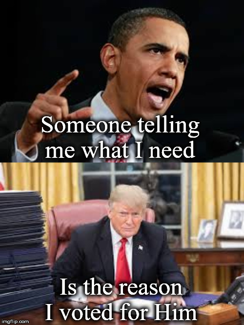 Trump | Someone telling me what I need; Is the reason I voted for Him | image tagged in trump,obama,trump obama | made w/ Imgflip meme maker