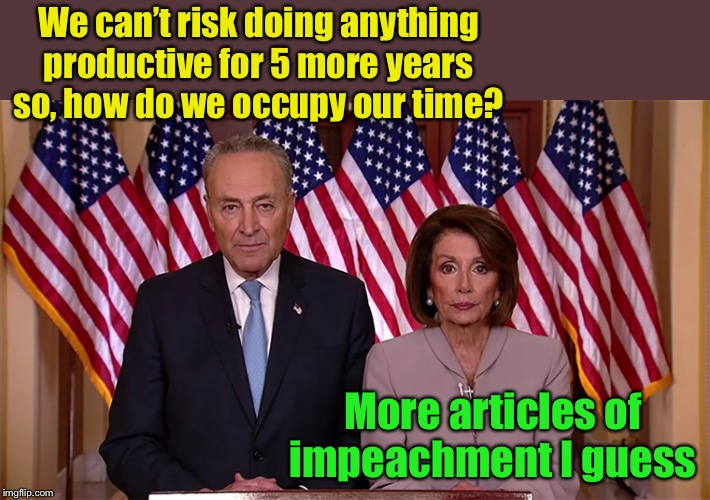 Pelosi and Schumer | We can’t risk doing anything productive for 5 more years so, how do we occupy our time? More articles of impeachment I guess | image tagged in pelosi and schumer | made w/ Imgflip meme maker