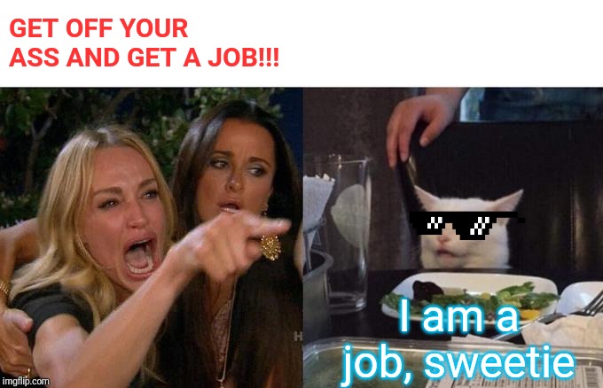 Woman Yelling At Cat | GET OFF YOUR ASS AND GET A JOB!!! I am a job, sweetie | image tagged in memes,woman yelling at cat | made w/ Imgflip meme maker