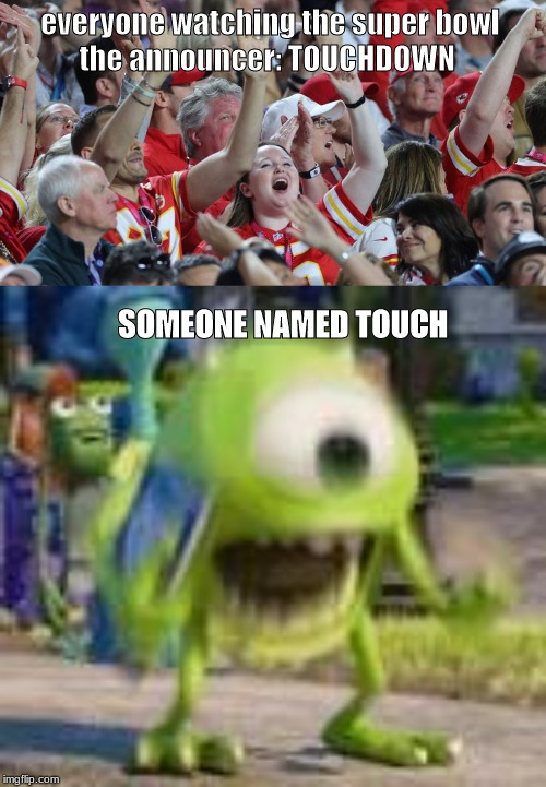 everyone watching the super bowl 
the announcer: TOUCHDOWN; SOMEONE NAMED TOUCH | image tagged in memes,dank memes | made w/ Imgflip meme maker