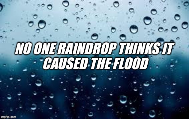 raindrops | NO ONE RAINDROP THINKS IT 
CAUSED THE FLOOD | image tagged in raindrops | made w/ Imgflip meme maker