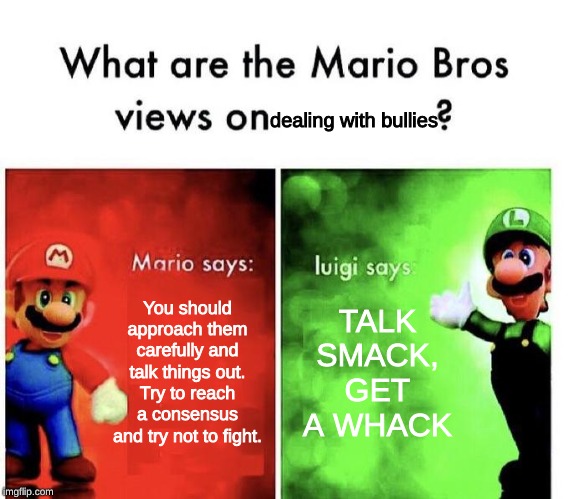 Mario Bros Views | dealing with bullies; You should approach them carefully and talk things out. Try to reach a consensus and try not to fight. TALK SMACK, GET A WHACK | image tagged in mario bros views | made w/ Imgflip meme maker