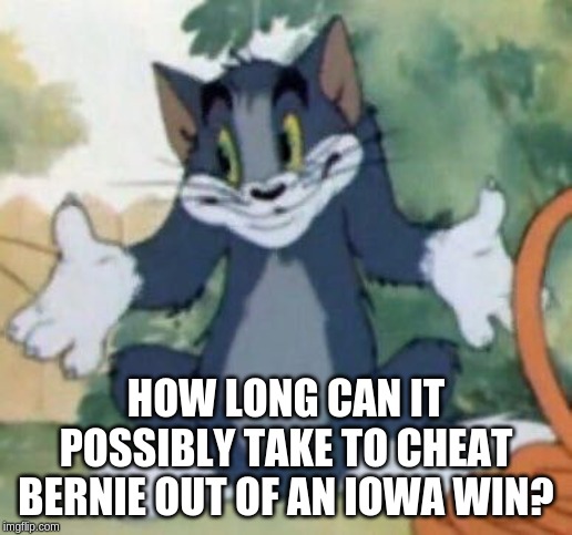 Tom and Jerry - Tom Who Knows | HOW LONG CAN IT POSSIBLY TAKE TO CHEAT BERNIE OUT OF AN IOWA WIN? | image tagged in tom and jerry - tom who knows | made w/ Imgflip meme maker