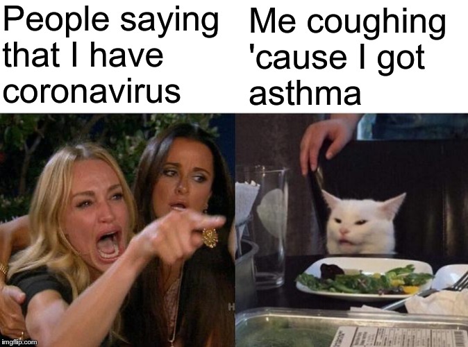 Woman Yelling At Cat Meme | People saying
that I have
coronavirus; Me coughing
'cause I got
asthma | image tagged in memes,woman yelling at cat | made w/ Imgflip meme maker