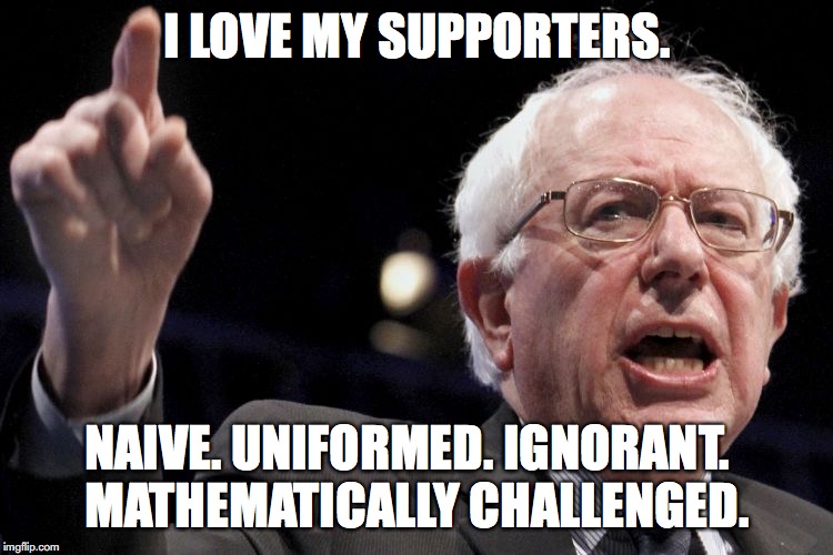 Bernie Sanders | I LOVE MY SUPPORTERS. NAIVE. UNIFORMED. IGNORANT.  
MATHEMATICALLY CHALLENGED. | image tagged in bernie sanders | made w/ Imgflip meme maker