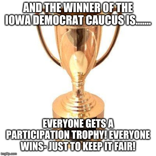 And nobody gets their feelings hurt. Because the truth can be brutal. | AND THE WINNER OF THE IOWA DEMOCRAT CAUCUS IS....... EVERYONE GETS A PARTICIPATION TROPHY! EVERYONE WINS- JUST TO KEEP IT FAIR! | image tagged in participation trophy | made w/ Imgflip meme maker