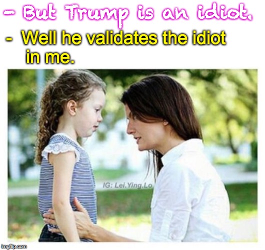How to explain it to your kids. | - But Trump is an idiot. -  Well he validates the idiot
    in me. | image tagged in memes,tds,idiot trump | made w/ Imgflip meme maker