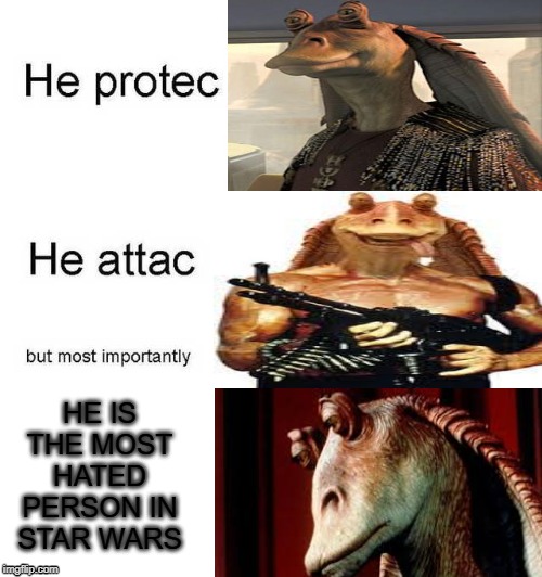 He protec he attac but most importantly | HE IS THE MOST HATED PERSON IN STAR WARS | image tagged in he protec he attac but most importantly | made w/ Imgflip meme maker