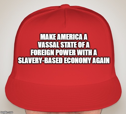 Trump Hat | MAKE AMERICA A VASSAL STATE OF A FOREIGN POWER WITH A SLAVERY-BASED ECONOMY AGAIN | image tagged in trump hat | made w/ Imgflip meme maker