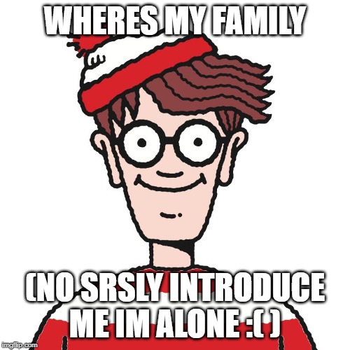 Where's Waldo | WHERES MY FAMILY; (NO SRSLY INTRODUCE ME IM ALONE :( ) | image tagged in where's waldo | made w/ Imgflip meme maker