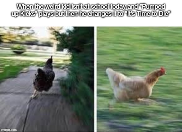 running chicken | When the weird kid isn't at school today and "Pumped up Kicks" plays but then he changes it to "It's Time to Die" | image tagged in running chicken | made w/ Imgflip meme maker