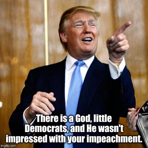 Donal Trump Birthday | There is a God, little Democrats, and He wasn't impressed with your impeachment. | image tagged in donal trump birthday | made w/ Imgflip meme maker