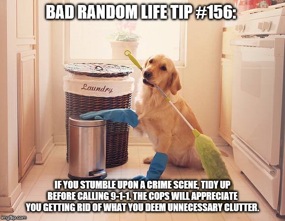 house cleaning | BAD RANDOM LIFE TIP #156:; IF YOU STUMBLE UPON A CRIME SCENE, TIDY UP BEFORE CALLING 9-1-1. THE COPS WILL APPRECIATE YOU GETTING RID OF WHAT YOU DEEM UNNECESSARY CLUTTER. | image tagged in house cleaning | made w/ Imgflip meme maker