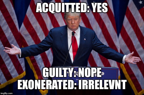 Donald Trump | ACQUITTED: YES GUILTY: NOPE
EXONERATED: IRRELEVANT | image tagged in donald trump | made w/ Imgflip meme maker
