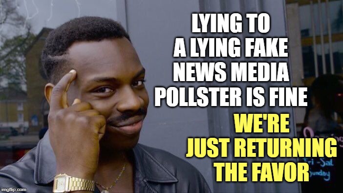 Roll Safe Think About It Meme | LYING TO A LYING FAKE NEWS MEDIA POLLSTER IS FINE WE'RE JUST RETURNING THE FAVOR | image tagged in memes,roll safe think about it | made w/ Imgflip meme maker