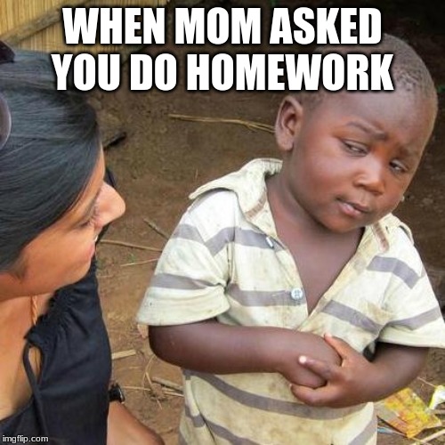 Third World Skeptical Kid | WHEN MOM ASKED YOU DO HOMEWORK | image tagged in memes,third world skeptical kid | made w/ Imgflip meme maker