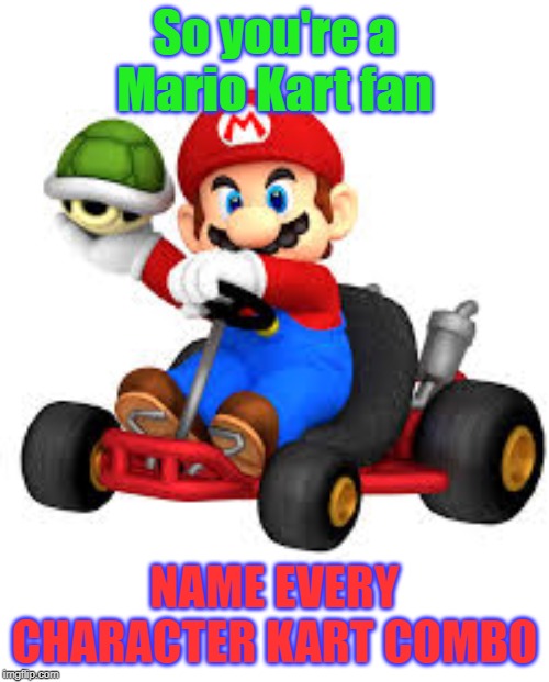 Mario Kart | So you're a Mario Kart fan; NAME EVERY CHARACTER KART COMBO | image tagged in mario kart | made w/ Imgflip meme maker