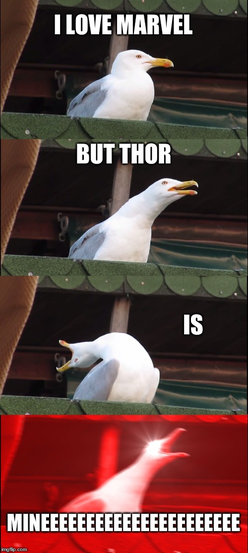 Inhaling Seagull | I LOVE MARVEL; BUT THOR; IS; MINEEEEEEEEEEEEEEEEEEEEEE | image tagged in memes,inhaling seagull | made w/ Imgflip meme maker