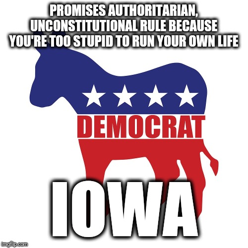 Are you kiddin' me?! | PROMISES AUTHORITARIAN, UNCONSTITUTIONAL RULE BECAUSE YOU'RE TOO STUPID TO RUN YOUR OWN LIFE; IOWA | image tagged in democrats,iowa | made w/ Imgflip meme maker
