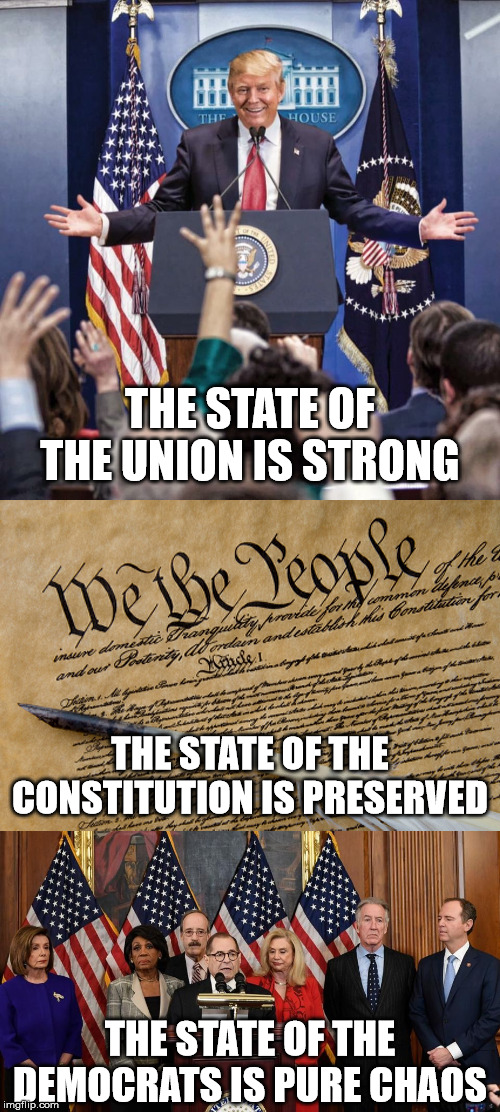 State of the Union rises above the DNC state of confusion | THE STATE OF THE UNION IS STRONG; THE STATE OF THE CONSTITUTION IS PRESERVED; THE STATE OF THE DEMOCRATS IS PURE CHAOS | image tagged in constitution,trump speech,house democrats,state of the union,liberal logic | made w/ Imgflip meme maker