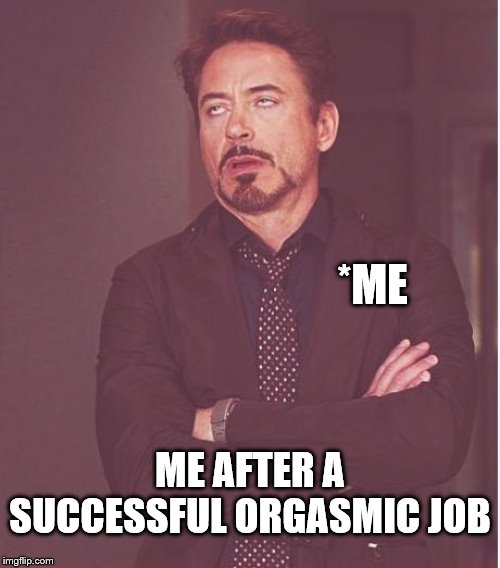 Face You Make Robert Downey Jr | *ME; ME AFTER A SUCCESSFUL ORGASMIC JOB | image tagged in memes,face you make robert downey jr | made w/ Imgflip meme maker