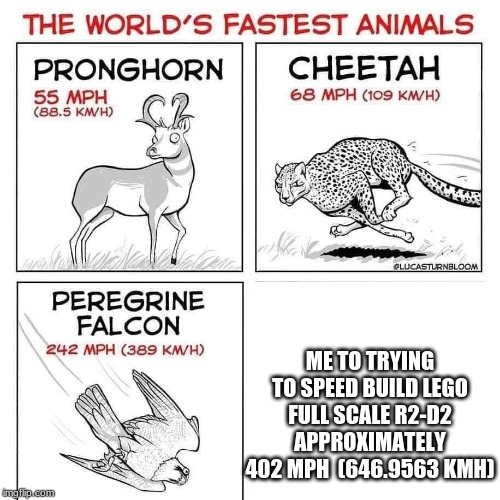 The world's fastest animals | ME TO TRYING TO SPEED BUILD LEGO FULL SCALE R2-D2 APPROXIMATELY 402 MPH  (646.9563 KMH) | image tagged in the world's fastest animals | made w/ Imgflip meme maker