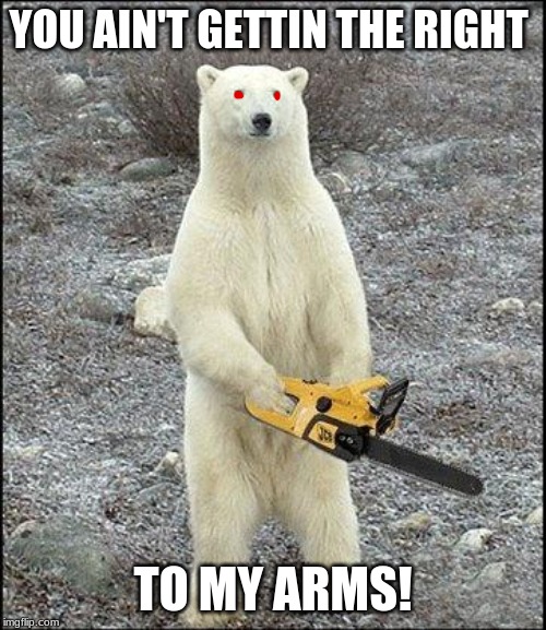 chainsaw polar bear | YOU AIN'T GETTIN THE RIGHT; TO MY ARMS! | image tagged in chainsaw polar bear | made w/ Imgflip meme maker