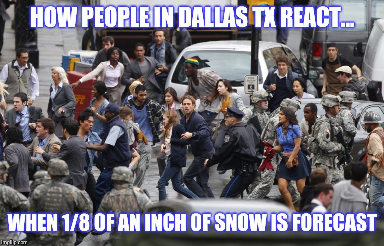 It may snow in Dallas! Lord Jesus its the apocalypse! | HOW PEOPLE IN DALLAS TX REACT... WHEN 1/8 OF AN INCH OF SNOW IS FORECAST | image tagged in people running,dallas,snow,keep calm | made w/ Imgflip meme maker